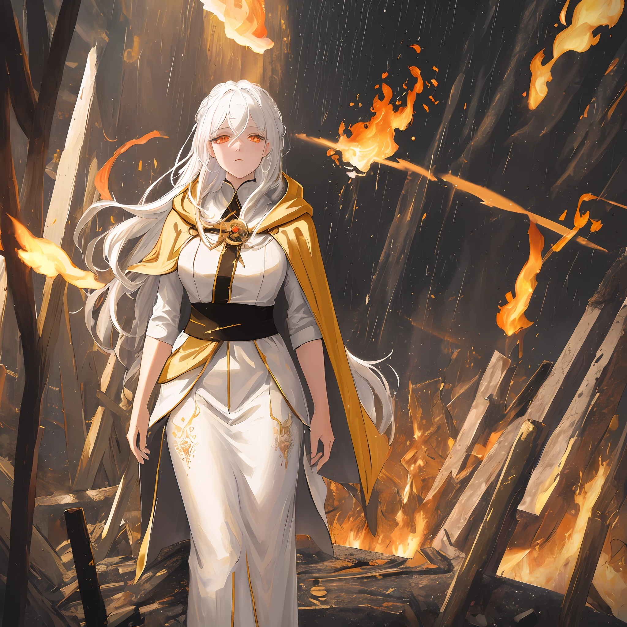 ((masterpiece)), ((best quality)), ((ultra-detailed)), illustration, a woman with white hair and golden eyes dressed as a fallen angel, wearing a cloak, facing the viewer. The background is a strange composition of fire and rain.