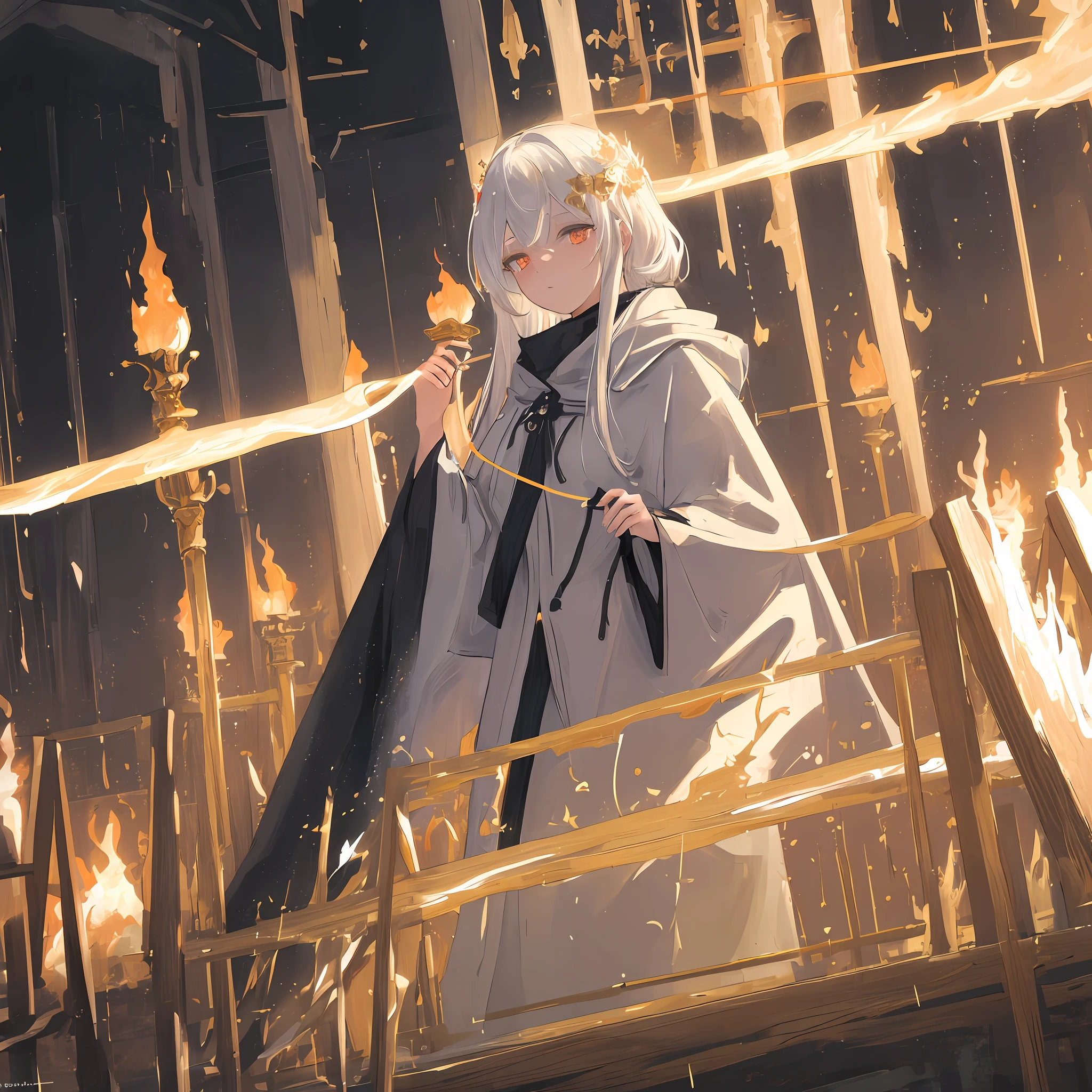 ((masterpiece)), ((best quality)), ((ultra-detailed)), illustration, a woman with white hair and golden eyes dressed as a fallen angel, wearing a cloak, facing the viewer. The background is a strange composition of fire and rain.
