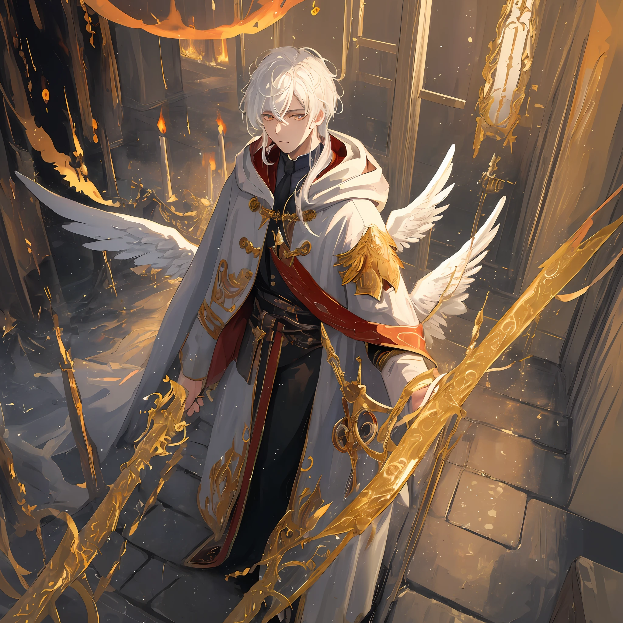 ((masterpiece)), ((best quality)), ((ultra-detailed)), illustration, a young man with white hair and golden eyes dressed as a fallen angel, wearing a cloak, facing the viewer. The background is a strange composition of fire and rain.