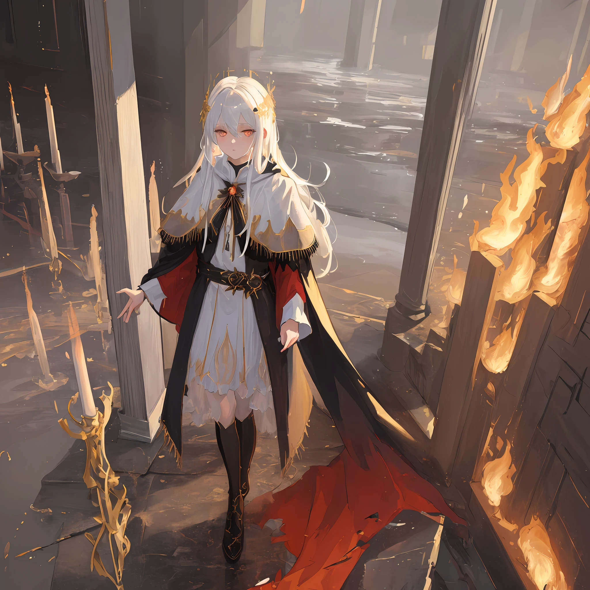 ((masterpiece)), ((best quality)), ((ultra-detailed)), illustration, a woman with white hair and golden eyes dressed as a fallen angel, wearing a cloak, facing the viewer. The background is a strange composition of fire and rain.