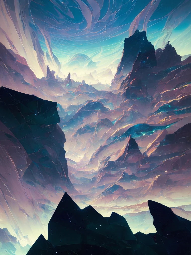 photoscanned material of slate layers arranged in concentric formation, build the platform for abstract colourful ice sculptures, forming a surreal landscape that is the fulcrum of a looming temple that penetrates the clouds, peter mohrbacher, fred tomaselli, victo ngai, roger dean --w 1152 --h 2048