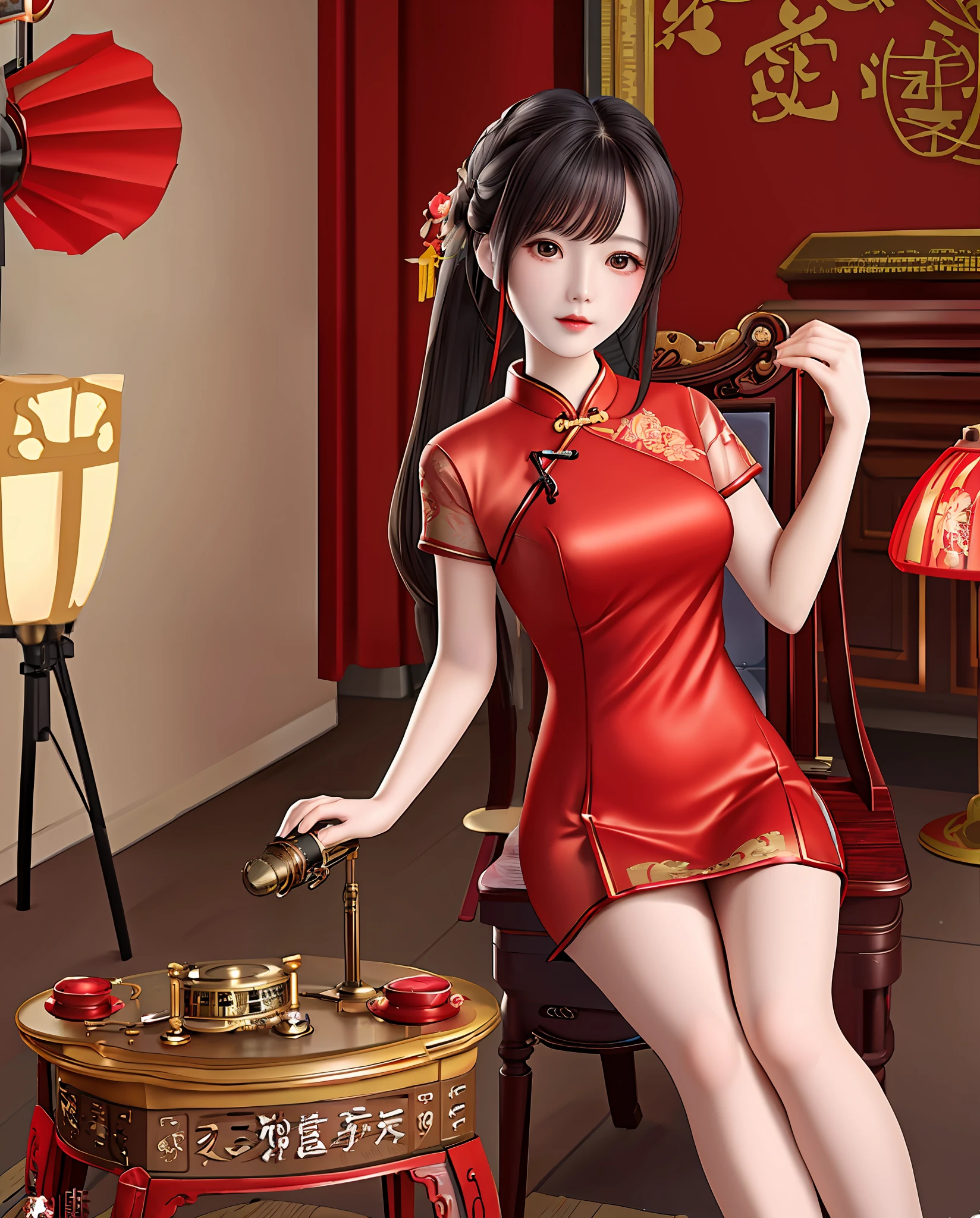 red cheongsam short dress girl,girl sitting on chair,old gramophone,ancient room background