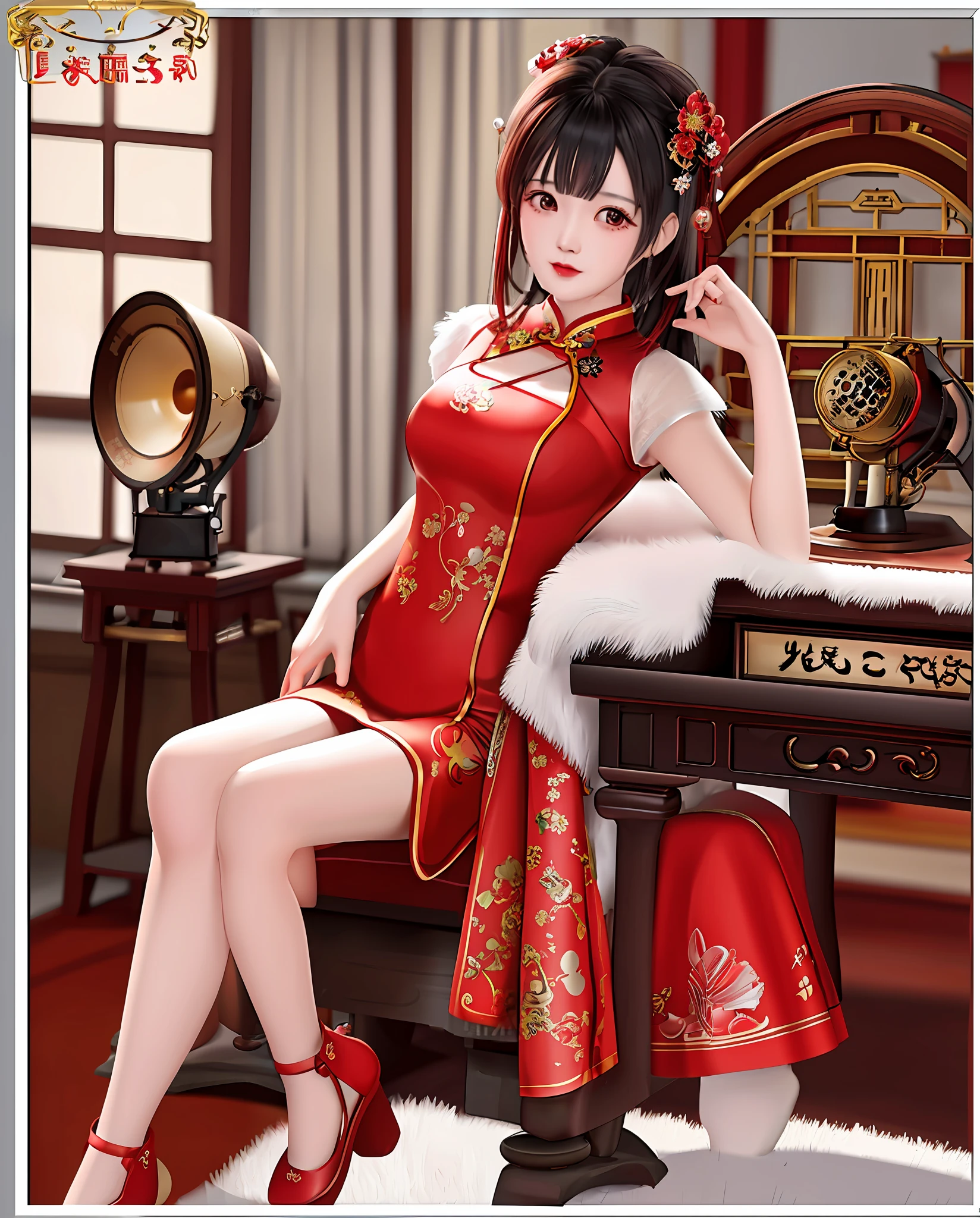 red cheongsam short dress girl,girl sitting on chair,old gramophone,ancient room background