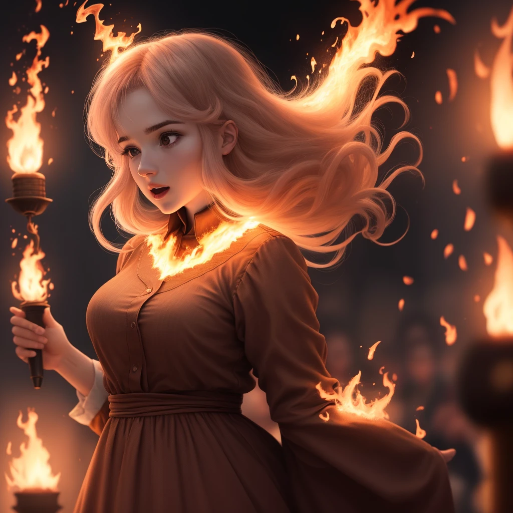 a woman with her hair on fire