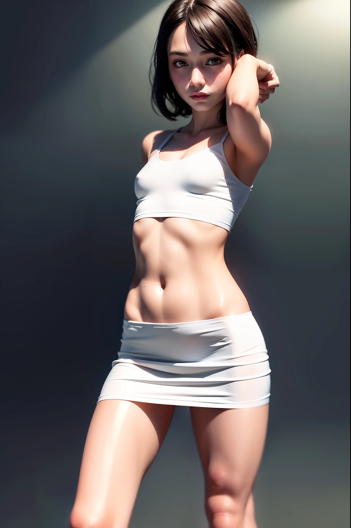 Arya Stark, (best quality, masterpiece: 1.2), photorealistic, ultra high resolution, front lighting, exquisite detail and texture, 1 girl, (young), looking at viewer, tight tank top, camisole, mini miniskirt, lingerie pink, black thigh-high socks, face highlight, detailed face, mole, white skin, big eyes, earrings, slender figure, gym, professional lighting, photon mapping, radiosity, physical rendering, delicate face, silhouette delicate, thin collarbones, beautiful lips, beautiful breasts, soft behind, short hair, soft belly, clammy skin, (realistic, ultra-detailed, extremely detailed eyes and face: 1.0), (lens flare: 0.8) , good cheek, bottom angle, small chest