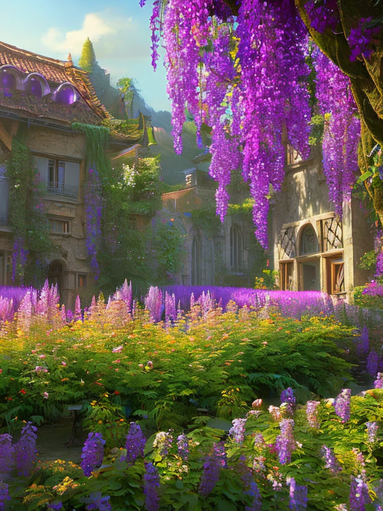 garden of eden, vivid colorful flowers, lots of purple and pink wisteria hanging from ceiling, overgrown, vines, moss, style of Renato Mucillo landscape, Andreas Rocha artstation :: epic scale, dramatic lighting, 8k post processing, many golden layers, trending on artstation, environment highly detailed --ar 2:5 --no people, buildings --test --uplight