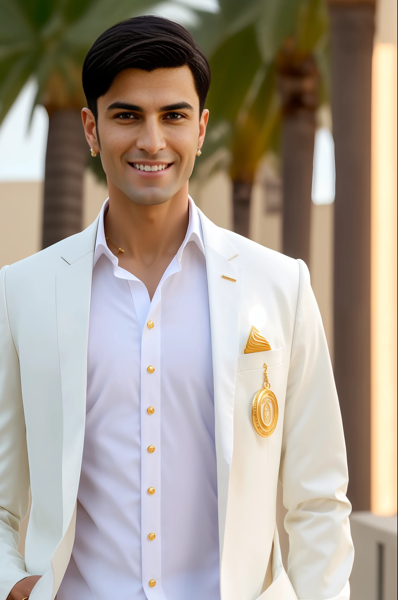 young handsome dark short hair, sheikh handsome, smile, thin, upper body, white coat, gold jewelry on clothes, small stud earrings, Peter Listman style, very detailed, 8k, very high quality, looking at the camera, standing straight