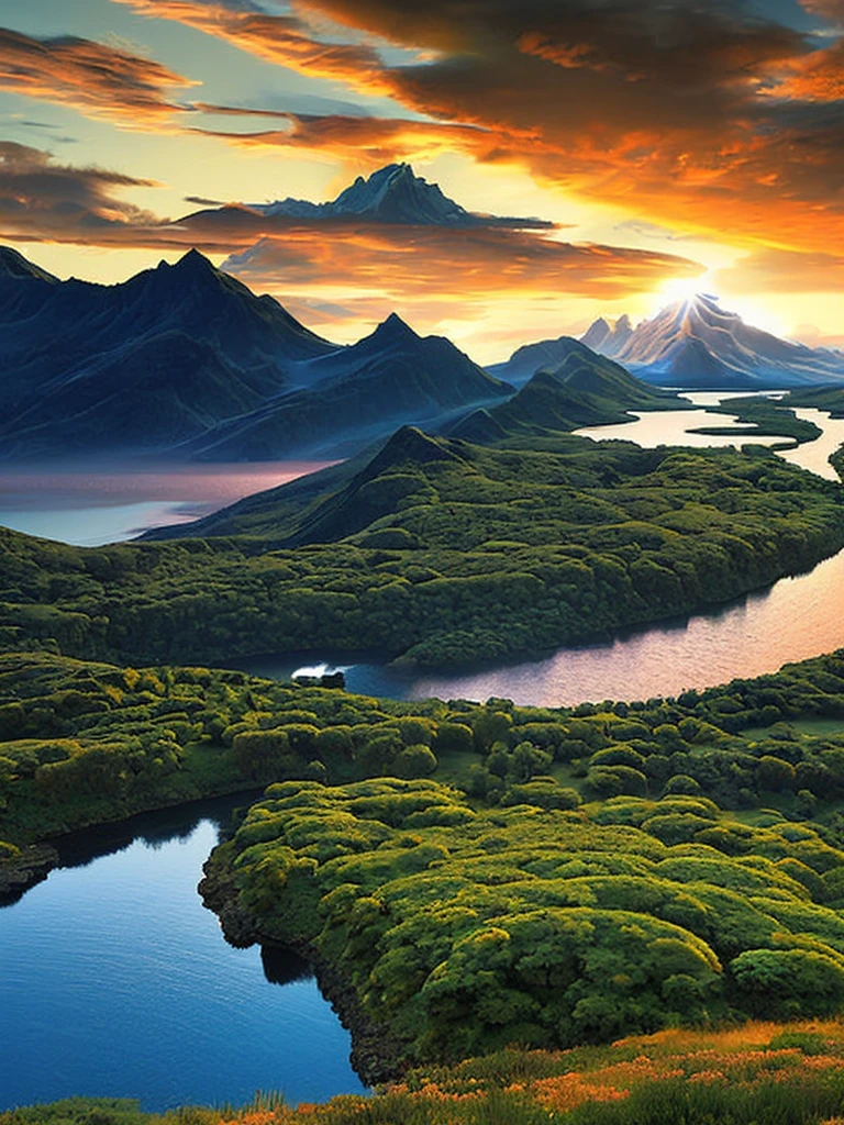 amazing natural landscape, sunset, mountains, clouds, water, intense colors, dramatic lighting, epic composition, panoramic, wide angle, low angle, by Miyazaki, Nausicaa Ghibli, Breath of The Wild --aspect 9:32 --q 2