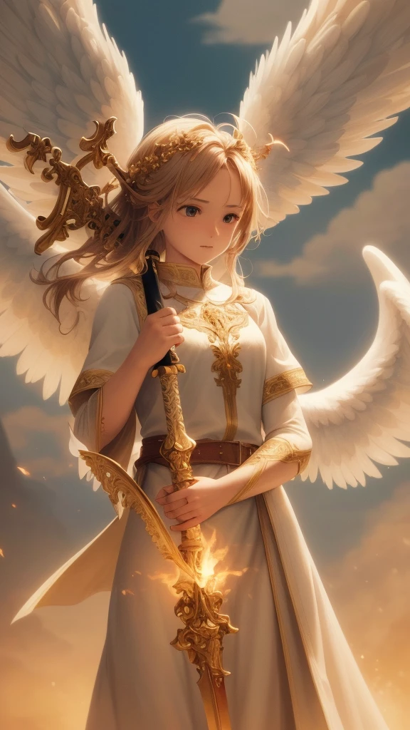 angel with flaming sword in sky, clouds, depth of field, soft lighting, masterpiece, best quality, intricate, tone mapped, highly detailed, artstation, concept art, soft, sharp focus, dramatic lighting, highly detailed artwork, cinematic , hyper realistic painting, trending on Artstation, 8K, amazing shadows, realistic (highly detailed background: 1.0)