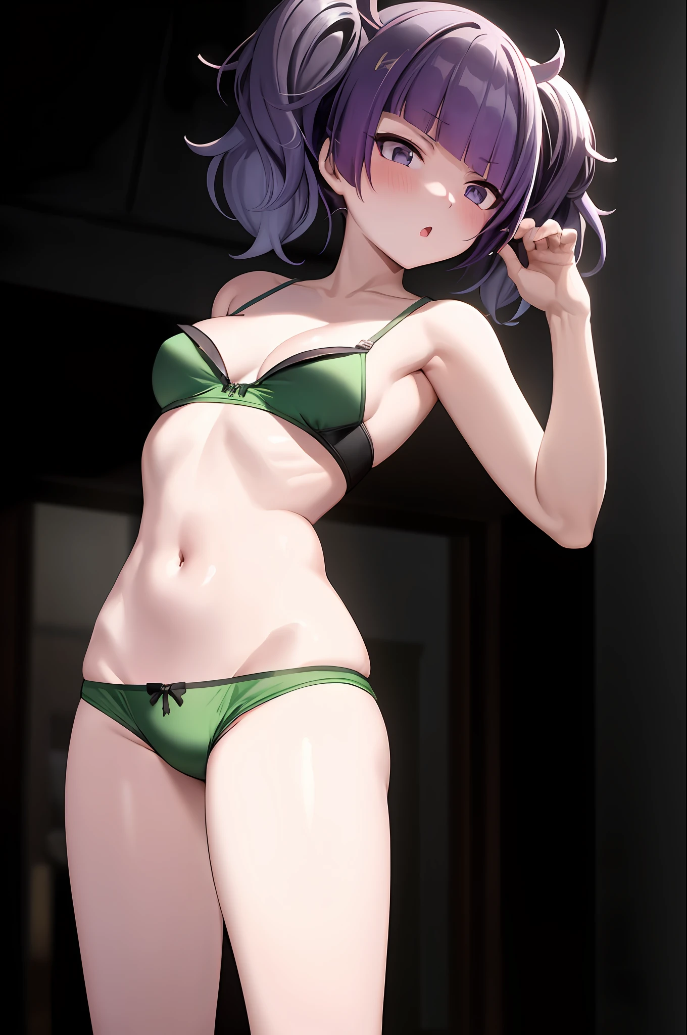 tanaka mamimi, 1girl, bangs, bare_shoulders, blush, bra, breasts, cleavage, collarbone, cowboy_shot, diagonal_bangs, green_bikini, jacket, leaning_forward, looking_at_viewer, medium_breasts, navel, off_shoulder, open_mouth, purple_eyes, short_twintails, shorts, simple_background, solo, twintails, underwear, white_background