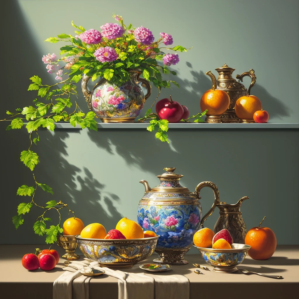 (masterpiece, best quality), ultra-realistic still life painting on canvas, expertly painted with lifelike precision and attention to detail. Vibrant color palette, intricate shadows, and masterful use of light bring the composition to life on the canvas. Artistic and sophisticated, this painting would make for a stunning centerpiece in any home or gallery setting.