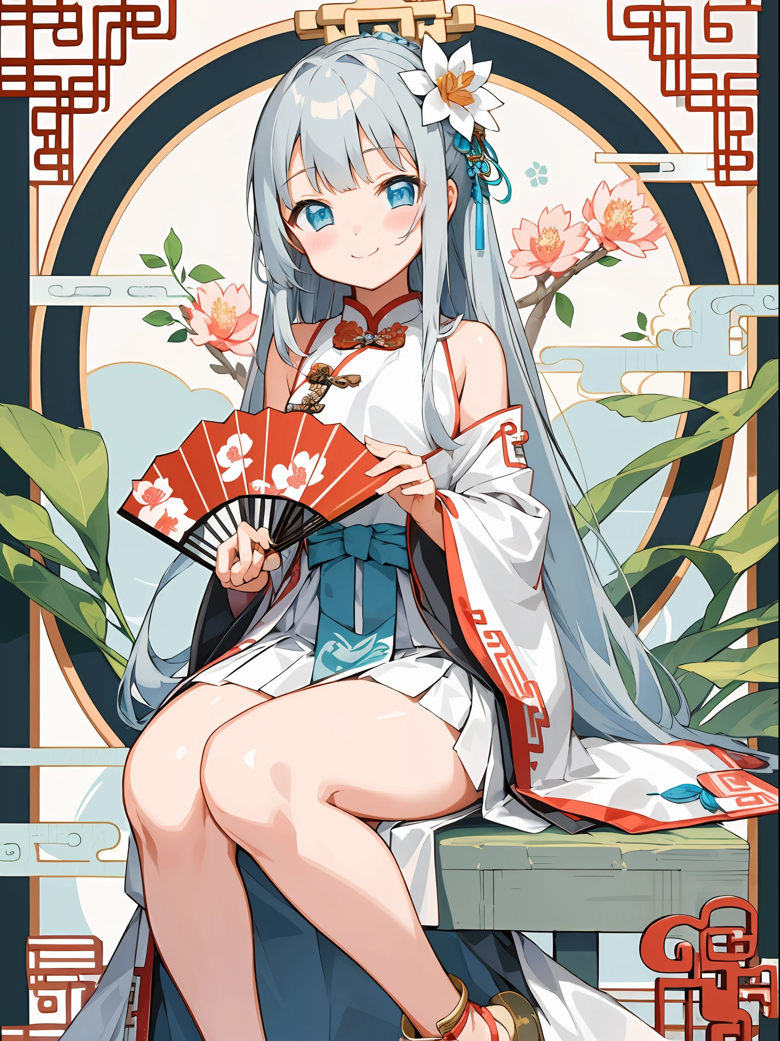 Cute girl, half body, ancient Chinese style, gray long hair, white ancient style skirt, flower embellishment, blue eyes, hairpin, cute little ****, cute and cute, thick smear, gentle smile, holding a fan