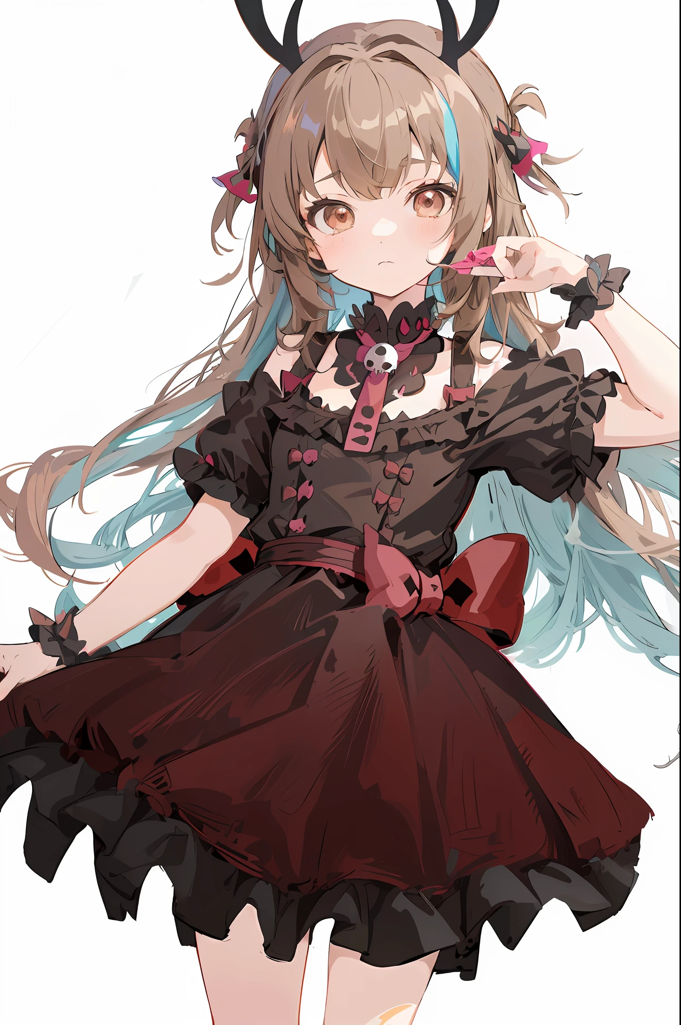 Anime girl with horns and a dress with a skull on it, ((light brown hair))(loli in dress, gothic maiden anime girl, cute anime waifu in a nice dress, anime moe artstyle, anime girl wearing a black dress, nightcore, (anime girl), anime style 4 k, little curvy loli, high quality anime art style, anime girls, demon anime girls