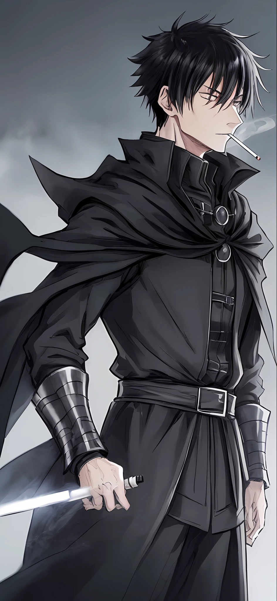 (a man in a black cloak-coat, shonen style), looking away, smoking, on a gray background, manga style. (short black hair), holds a cigarette between his fingers, stand-up collar, portrait, cinematic shot, detailed cigarette smoke, futuristic, armor elements. shoulder pads