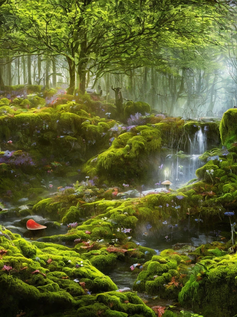 masterpiece, best quality, (extremely detailed CG unity 8k wallpaper), (best quality), (best illustration), (best shadow), (mushroom house covered in moss), (((dew))), (timbo), ( creek), firefly, clover, wtarlight surround room, petal, isometric 3d, octane rendering, ray tracing, overdetail,