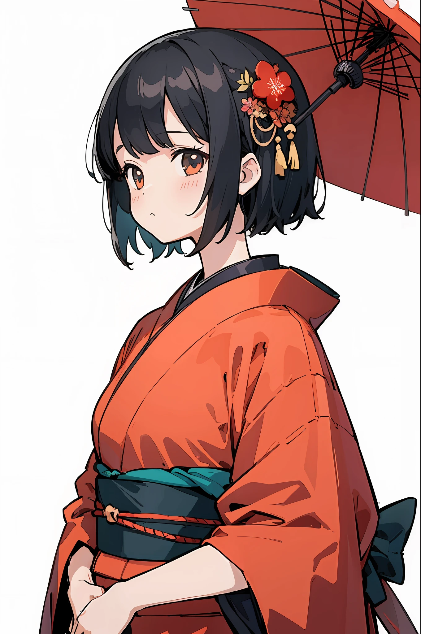 (finely best quality illustration:1.2), (kawaii girl:1.0), (1girl, solo:1.0), (black short hair:1.0), (red kimono:1.0), (upper body:1.0), (ultra-detailed, highres, 4k:1.0),