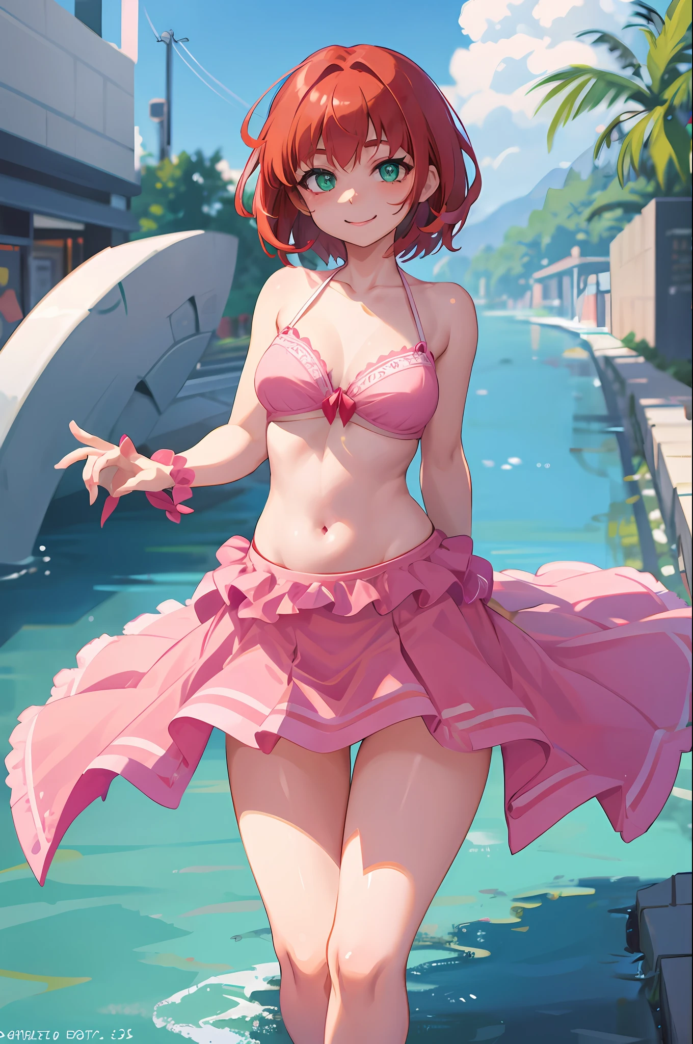 top view, volumetric lighting, best shadows, shallow depth of field, portrait of incredibly cheerful, petite, delicate girl, attractive face, seductive green eyes, happy smile, closed mouth, lovely medium breasts, (red hair), short hair, freckles, thick eyelashes, open navel, thin waist, walking down the street, (high quality, amazing details: 1.25), bright color paintings, pink bikini, bodywriting