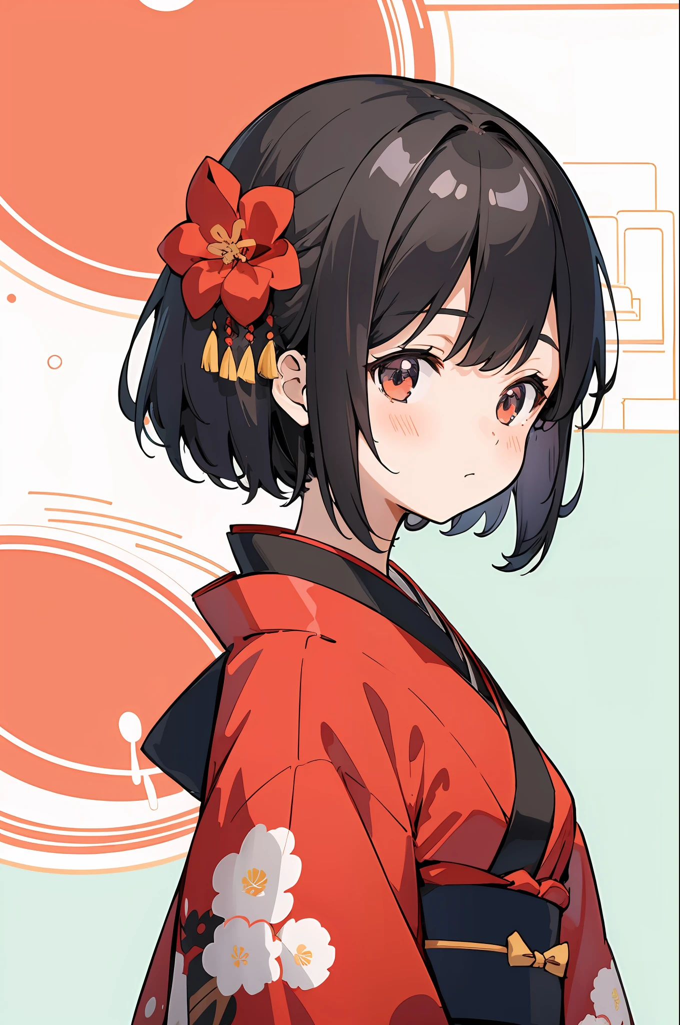 (finely best quality illustration:1.2), (kawaii girl:1.0), (1girl, solo:1.0), (black short hair:1.0), (red kimono:1.0), (upper body:1.0), (ultra-detailed, highres, 4k:1.0),