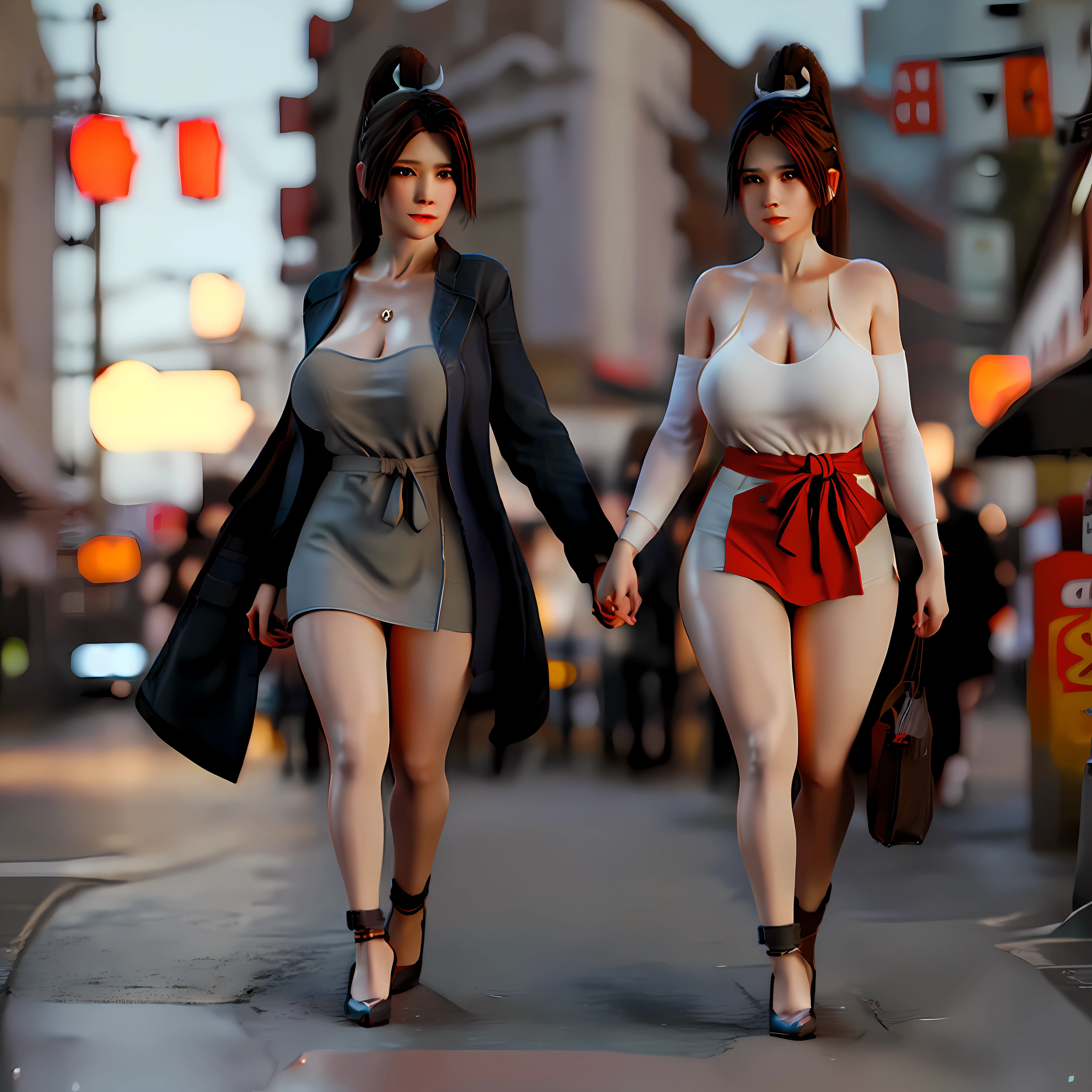 1 girl, masterpiece, best quality, realistic, real, half body, (one person in the photo: 1.3), (alone: 1.3), full frame, temptation, slight smile, short shoulder-length hair, brown hair, attractive Eyes, big breasts, showing cleavage, t-shirt, heels, wrapped in a coat, sunny day, brooding, holding hands, catwalk on the street, busy street.