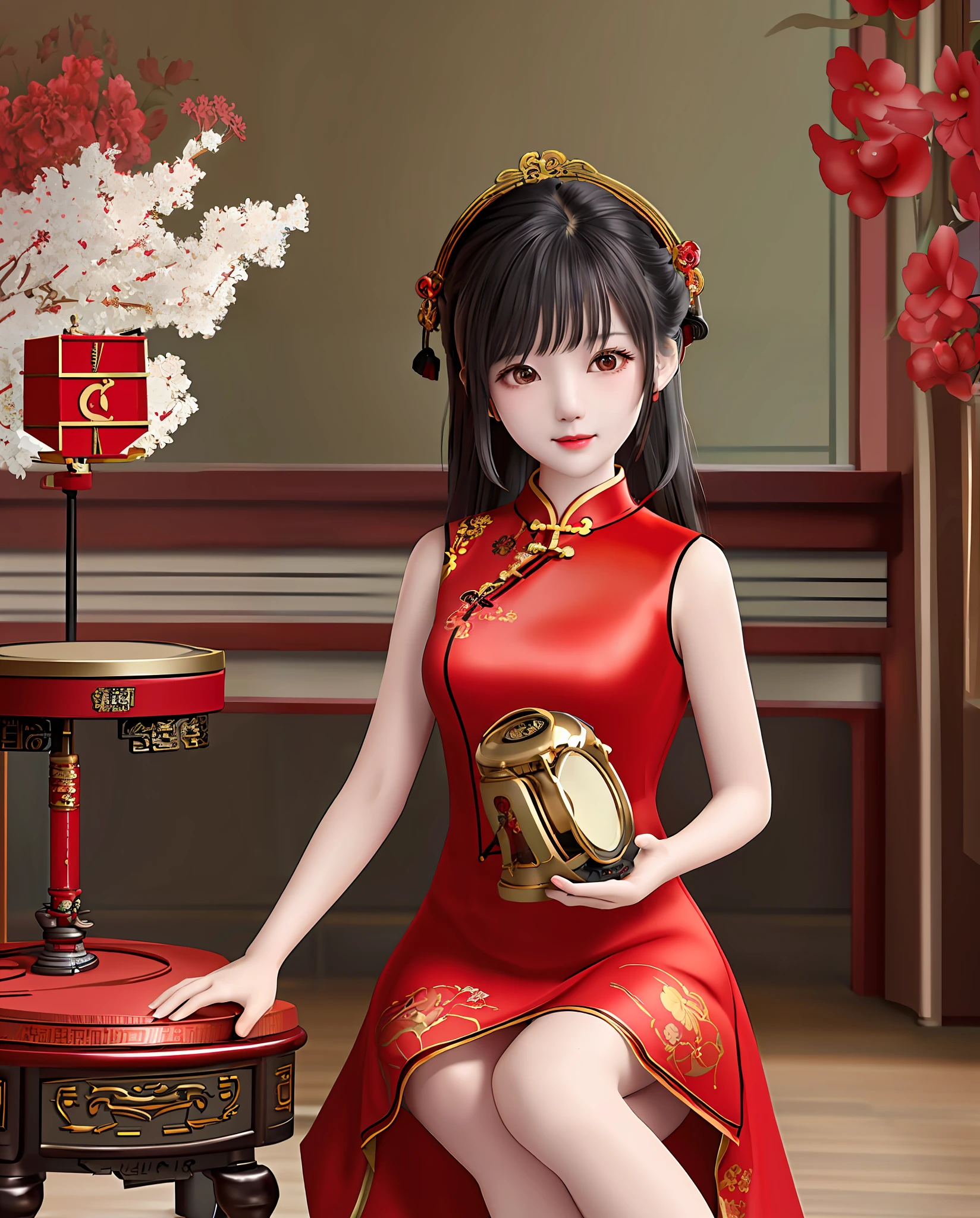red cheongsam short dress girl,girl sitting on chair,old gramophone,ancient room background