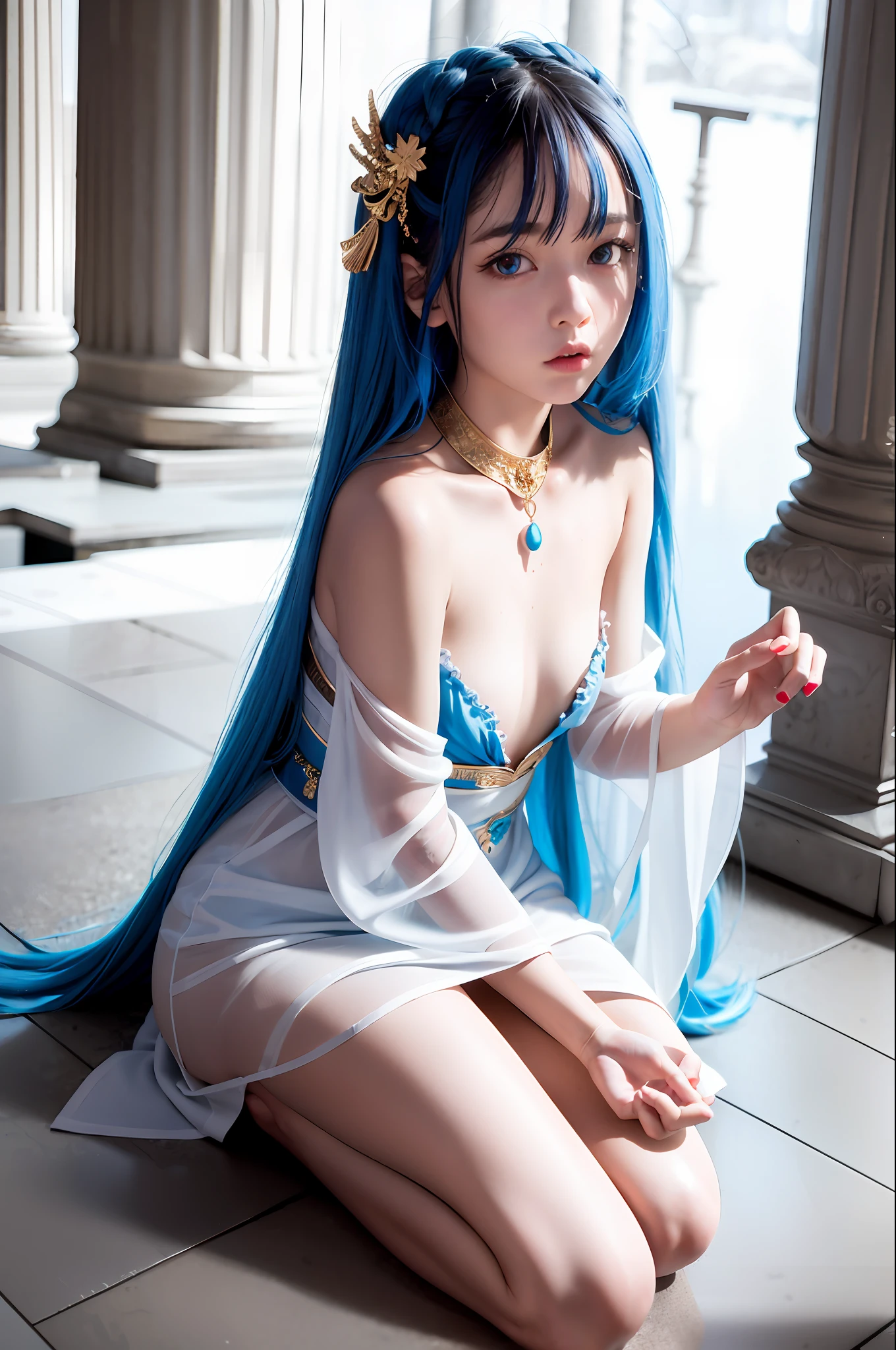 1girl,solo,palace,gawr gura,floating hair,hair ornament,jewelries,accessories, girl,loli,wte hair,blue hair,streaked hair,beautiful detailed eyes,blue eyes,white robe,greek clothes,sitting,flowing clothes,dutch angle,colorful corals,coral reefs,pillars,pantheon,white pillars,white palace,