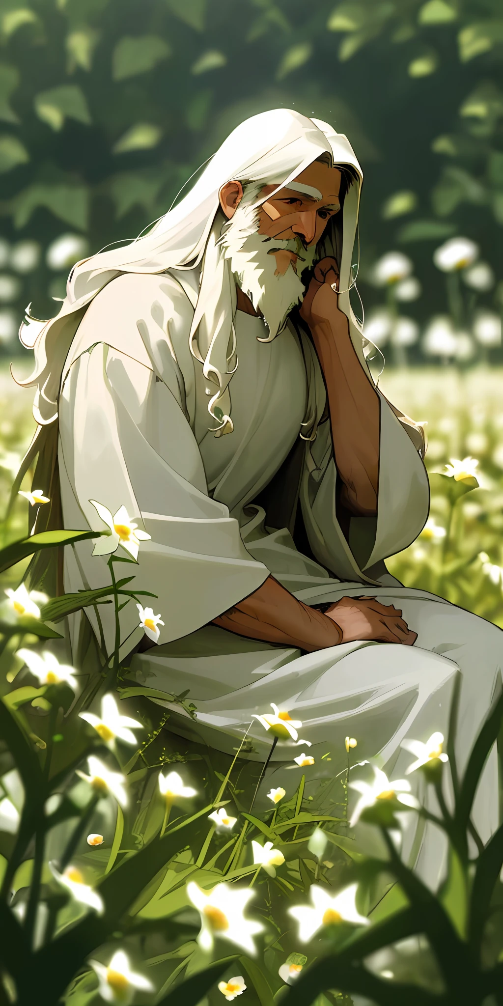 (masterpiece, best quality), Jesus Christ sitting in a field of green plants and flowers, white hair, white beard, warm lighting, white clothing, blurred foreground
