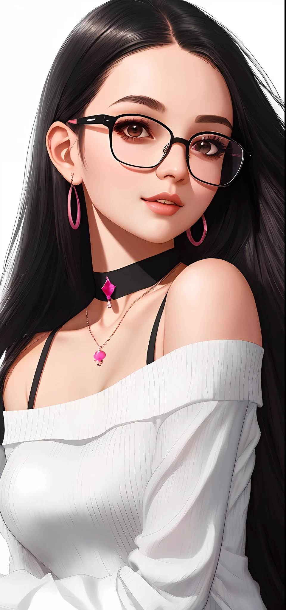 Best quality, ultra-detailed egirl illustration, high resolution, dynamic angle, white background, long dark hair, big black glasses, pink sweater, off-shoulder, collared shirt, black choker, cleavage, delicate and pretty lips, playful expression, looking at viewer.