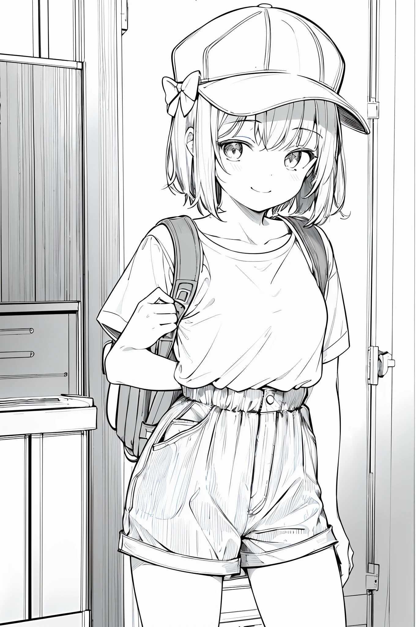 masterpiece, best quality, 1girl, solo, short_hair, looking_down, smile, bangs, shorts, t-shirt, short_sleeves, hat, shorts, bow, holding, closed_mouth, pencil, ruffles, backpack, center_frills, cap, holding_backpack, empty background, no background , lineart, monochrome,