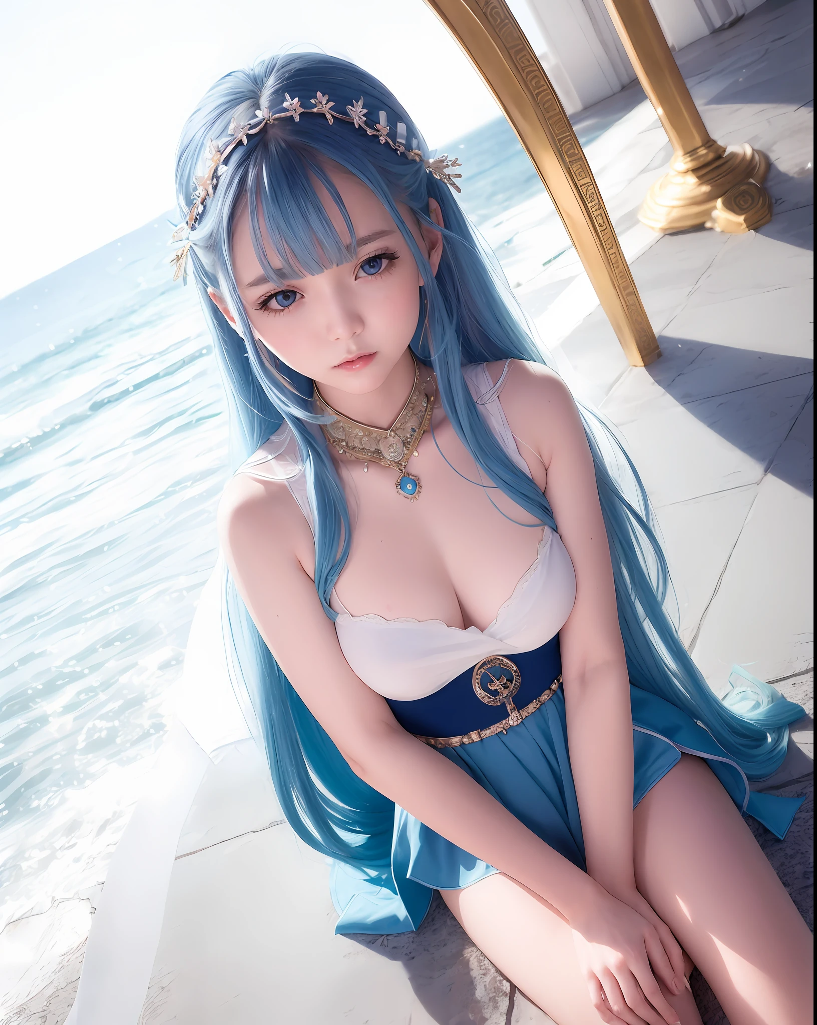 1girl,solo,palace, center character,gawr gura,floating hair,hair ornament,jewelries,accessories,little girl,loli, detailed hand,white hair,blue hair,streaked hair,beautiful detailed eyes,blue eyes,white robe,greek clothes,sitting,flowing clothes,dutch angle,colorful corals,coral reefs,pillars,pantheon,white pillars,white palace,