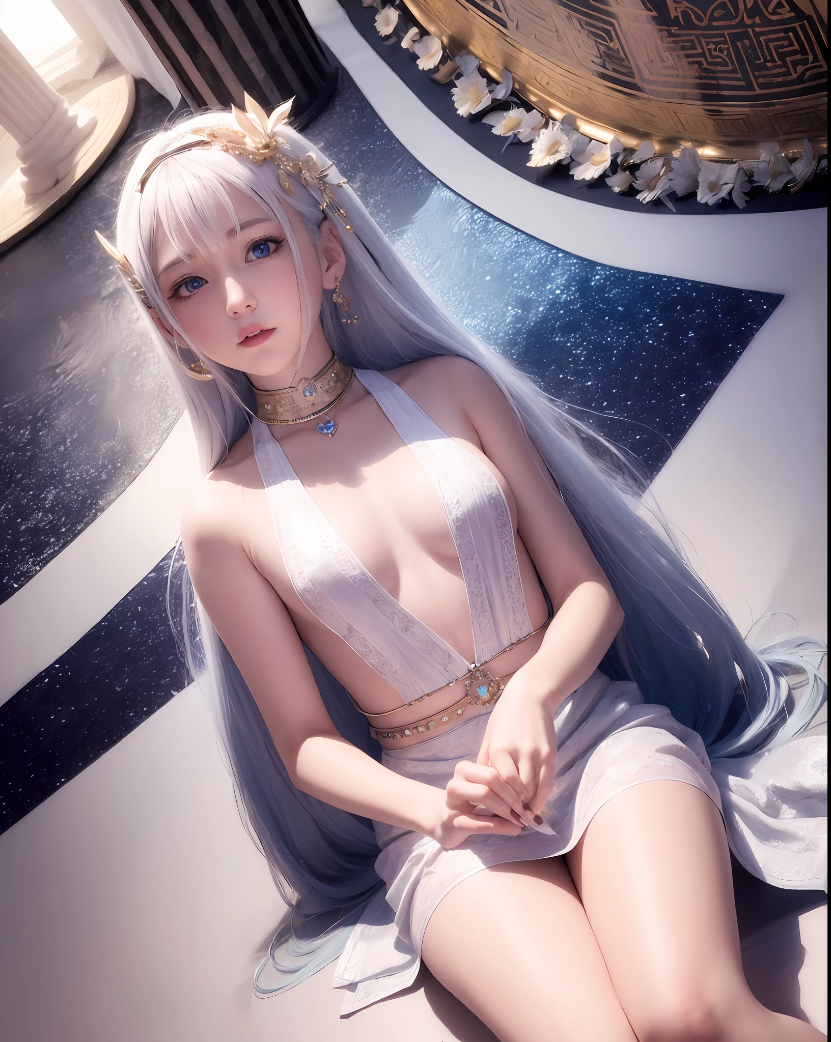 1girl,solo,palace, center character,gawr gura,floating hair,hair ornament,jewelries,accessories,,loli, detaihand,white hair,blue hair,streaked hair,beautiful detailed eyes,blue eyes,white robe,greek clothes,sitting,flowing clothes,dutch angle,colorful corals,coral reefs,pillars,pantheon,white pillars,white palace,