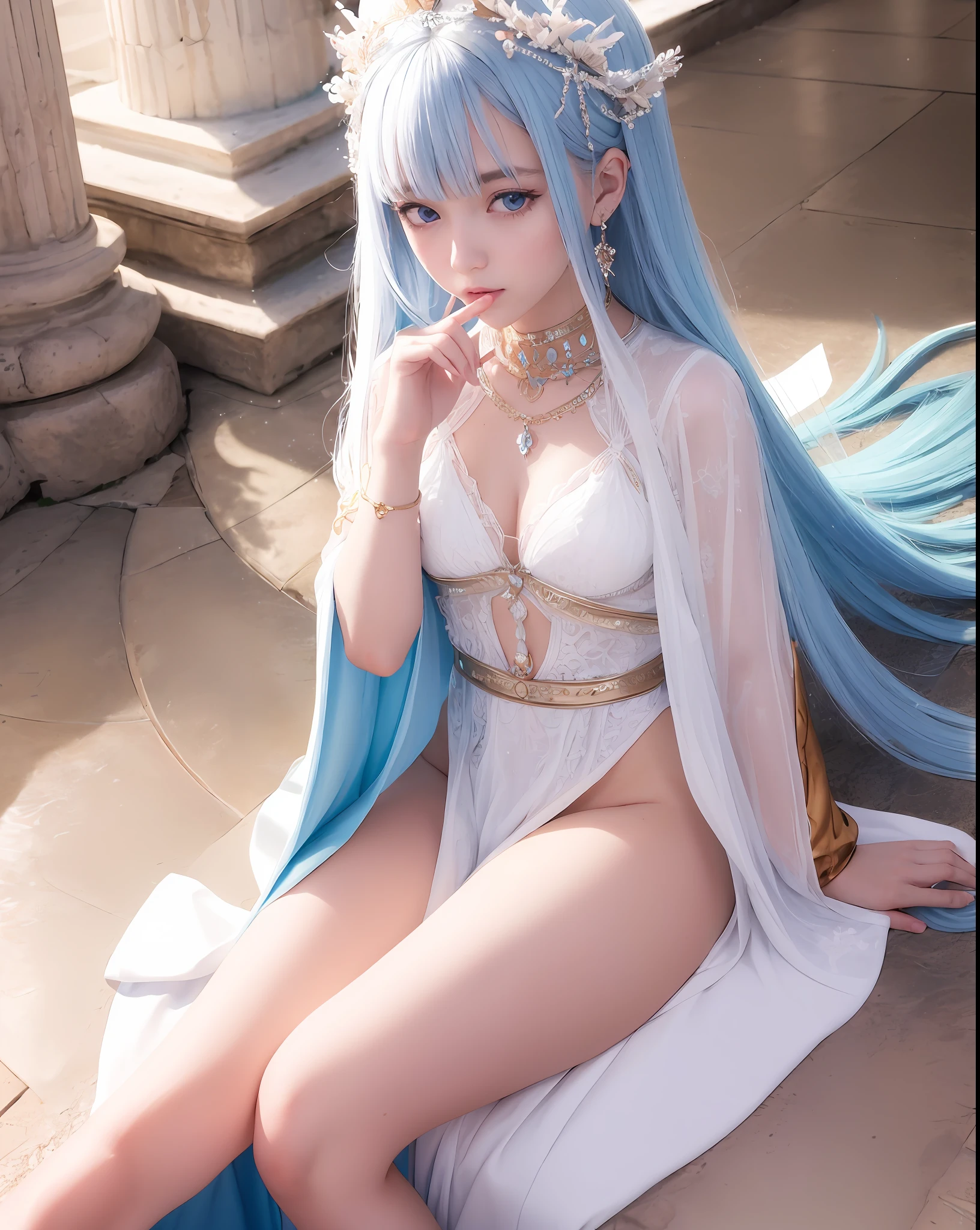 1girl,solo,palace, center character,gawr gura,floating hair,hair ornament,jewelries,accessories,little girl,loli, detailed hand,white hair,blue hair,streaked hair,beautiful detailed eyes,blue eyes,white robe,greek clothes,sitting,flowing clothes,dutch angle,colorful corals,coral reefs,pillars,pantheon,white pillars,white palace,
