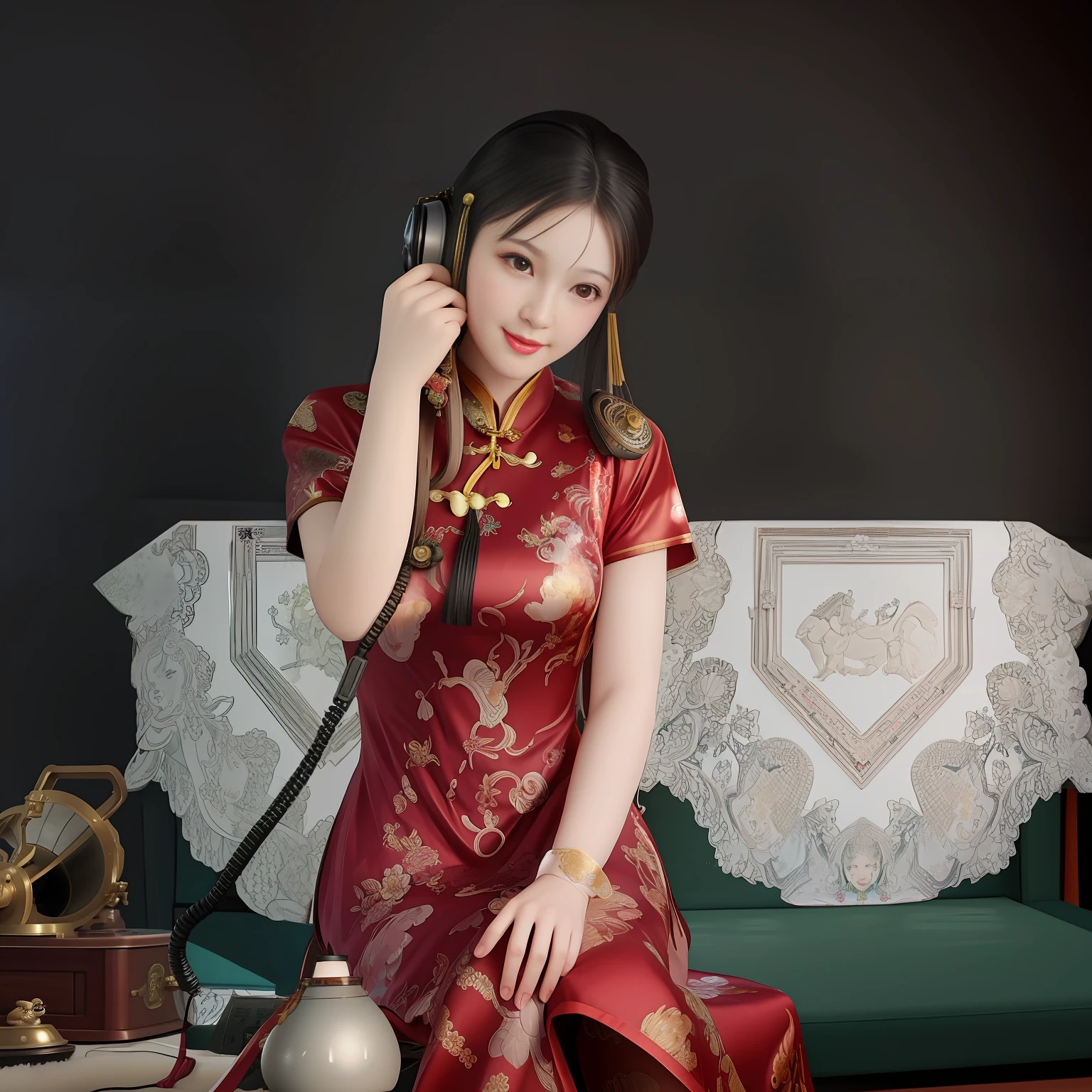 cheongsam dress girl,sitting on chair,ancient telephone,ancient gramophone,realistic,beautiful dress,ancient room background