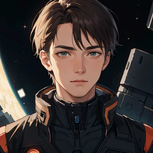 starsector, a portrait of a man, blank background, face focus, high tech suit,