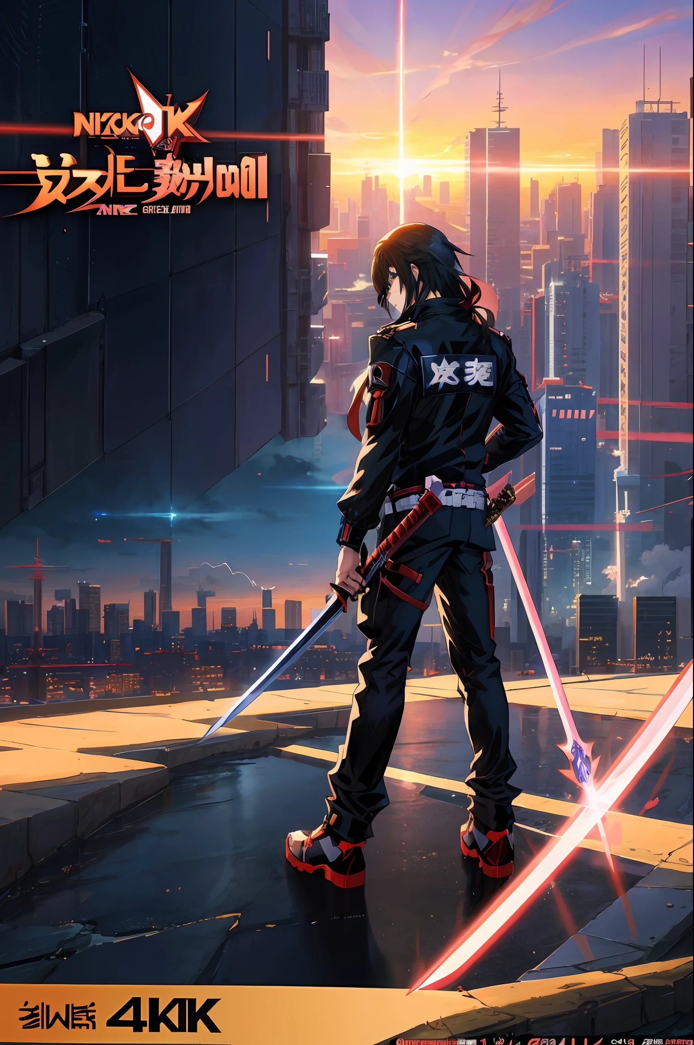 anime character with sword standing in front of a city skyline, badass anime 8 k, best anime 4k konachan wallpaper, official character illustration, official character art, guilty gear strive splash art, key anime art, anime art wallpaper 8 k, 4k anime wallpaper, digital cyberpunk anime art, anime art wallpaper 4 k, anime art wallpaper 4k, anime epic artwork