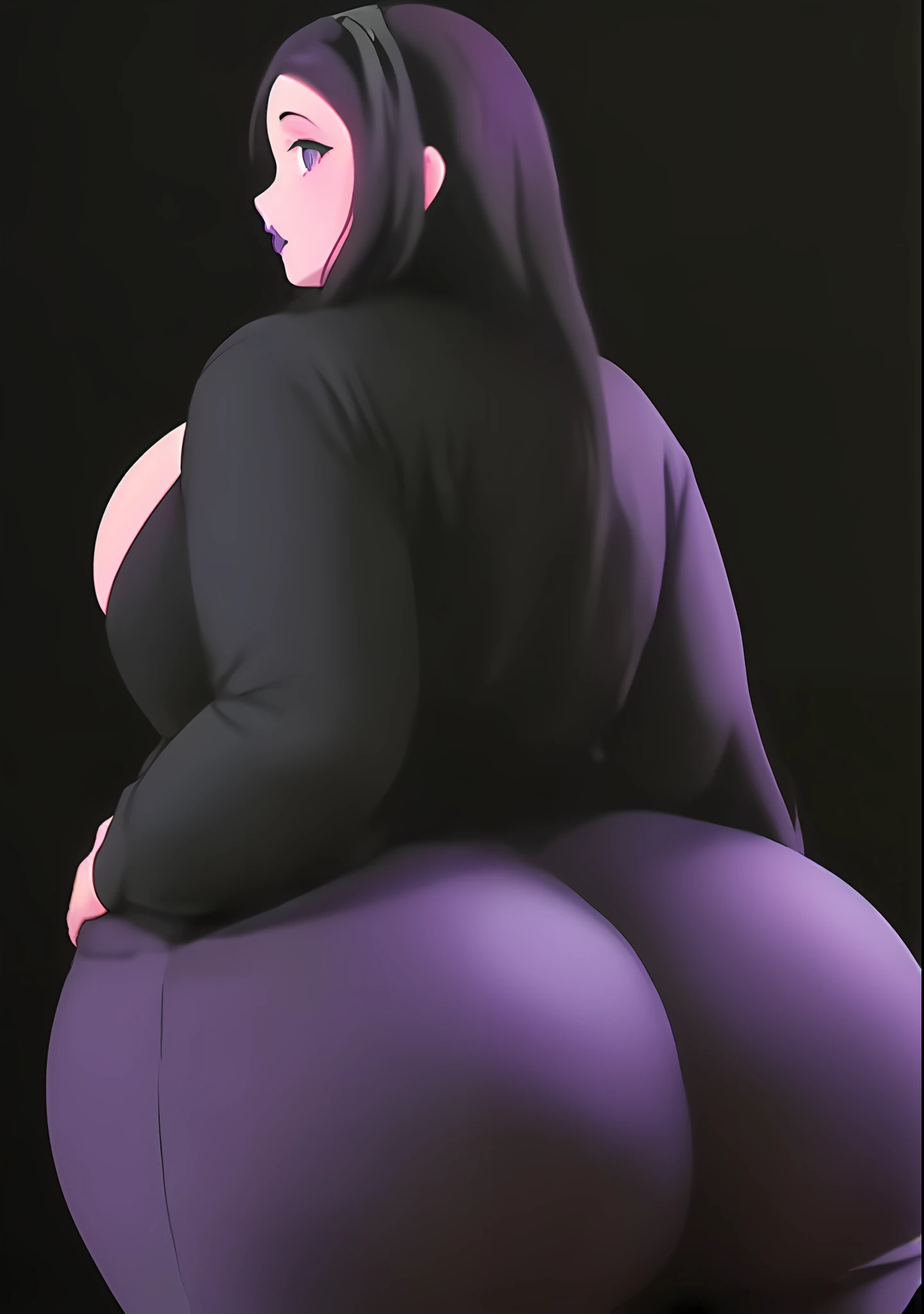 Goth girl, giant fat booty, pear bottom, black lips, dark tones, tight clothes, 80s anime style, dark lighting, black background, back lit, by Studio Ghibli --ar 9