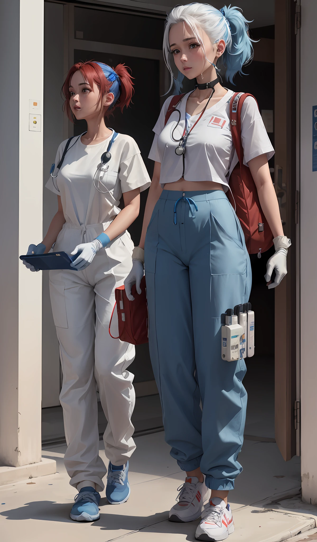 4k, realistic, carismatic, very detail, girls in hospital, she is a doctor, baggy pants, white theme, cute hair, 25 years old and 20 years old, full body, wearing white-blue sneakers, wearing a stethoscope on neck, (blue medical gloves:1.4), red emergency backpack