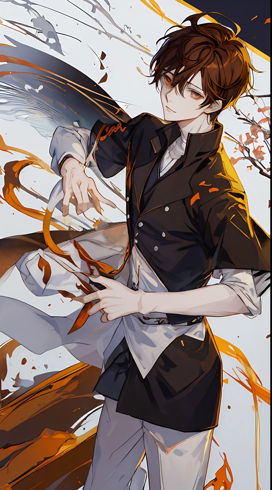 anime boy with brown hair and amber eyes in a white shirt, inspired by Okumura Masanobu, tall anime boy with amber eyes, eren yeager, inspired by Yamagata Hiro, ganmoe yandere, with index finger, illustration by Shigenori Soejima, detailed fan art inspired by Okumura Togyu, Eren Jaeger
