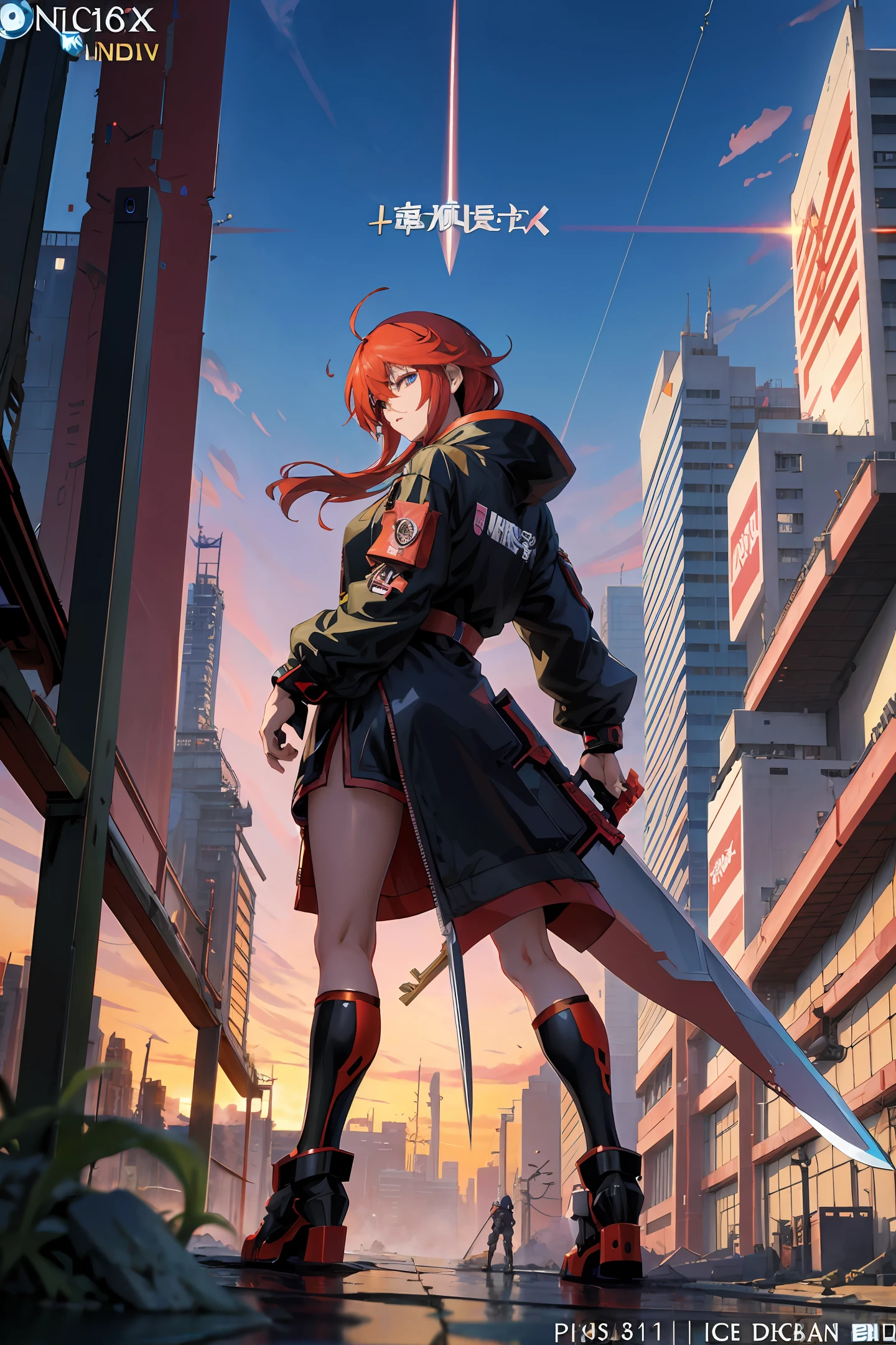 anime character with sword standing in front of a city skyline, cyberpunk art by Yang J, pixiv contest winner, futurism, badass anime 8 k, best anime 4k konachan wallpaper, official character illustration, official character art, guilty gear strive splash art, key anime art, anime art wallpaper 8 k, 4k anime wallpaper, digital cyberpunk anime art