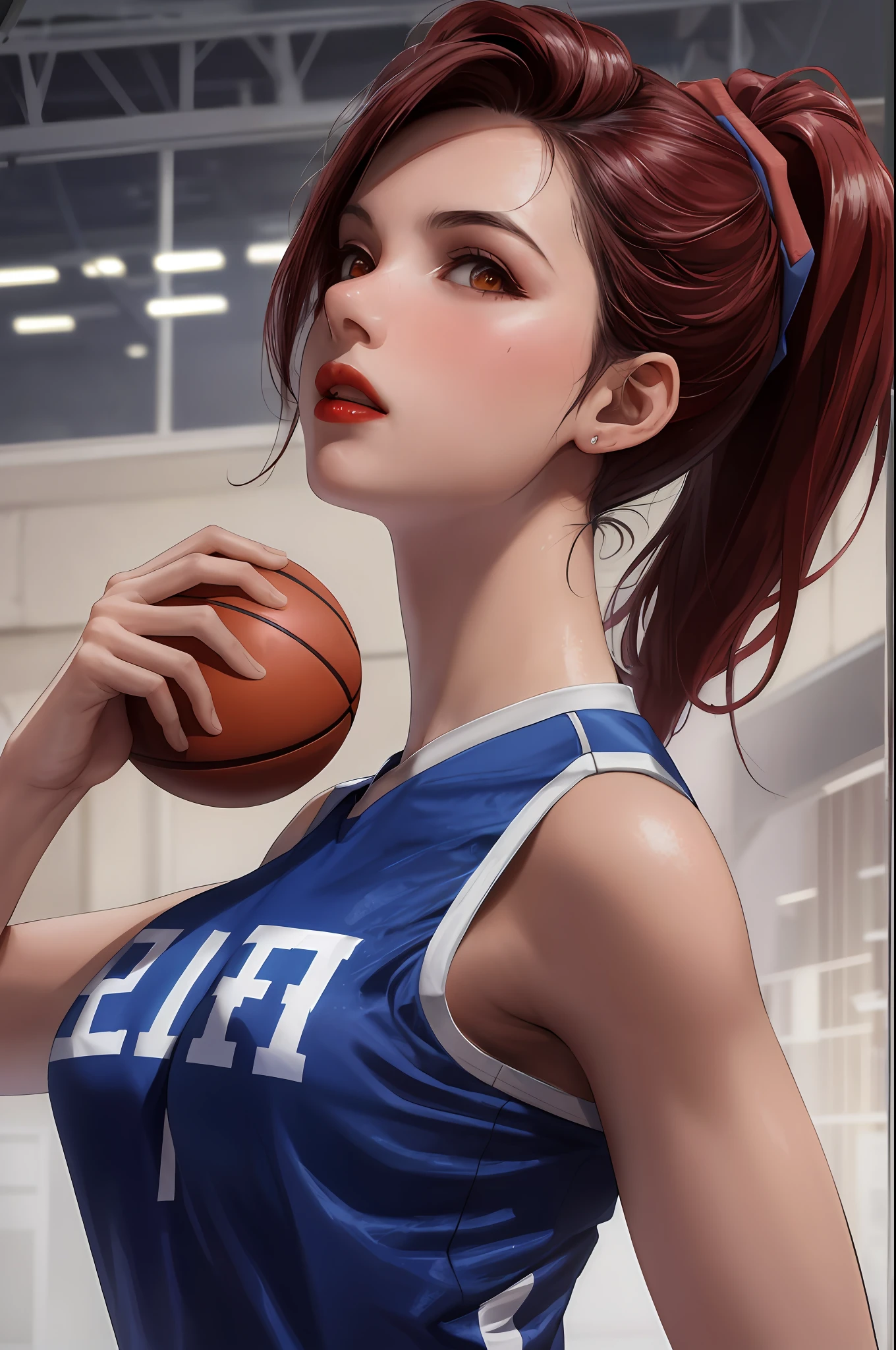 Masterpiece: 1.2, best quality), realistic, (real picture, rich details details, depth of field), (1girl, solo), makeup, cleft lip, high detail, perfect face shape, (big breasts: 1.4), (skindentation ), thick Thighs, wide hips, thin waist, very tall, coral, red lips, red eyes, ponytail (girl playing basketball, Blue basketball uniform), (sweat: 1.2), (wet), sexy, blush,