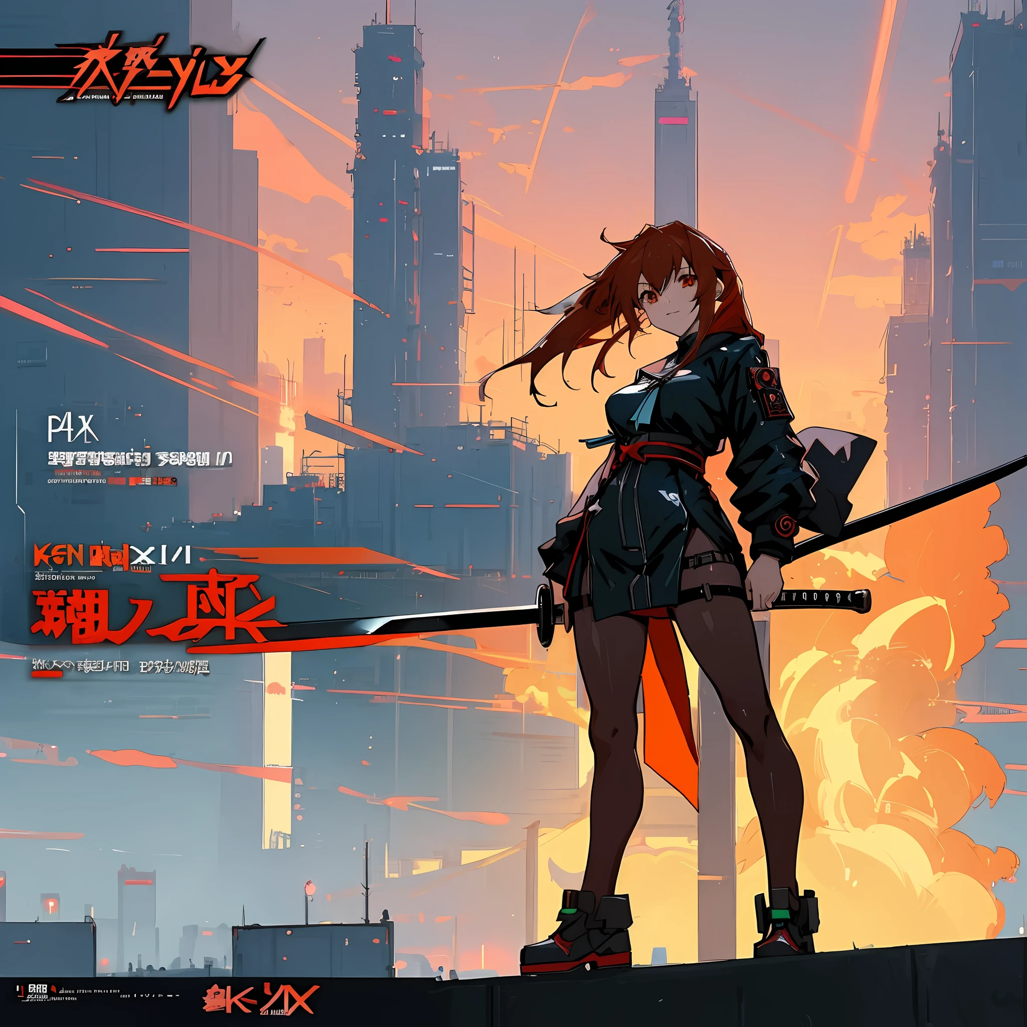anime character with sword standing in front of a city skyline, cyberpunk art by Yang J, pixiv contest winner, futurism, badass anime 8 k, best anime 4k konachan wallpaper, official character illustration, official character art, guilty gear strive splash art, key anime art, anime art wallpaper 8 k, 4k anime wallpaper, digital cyberpunk anime art