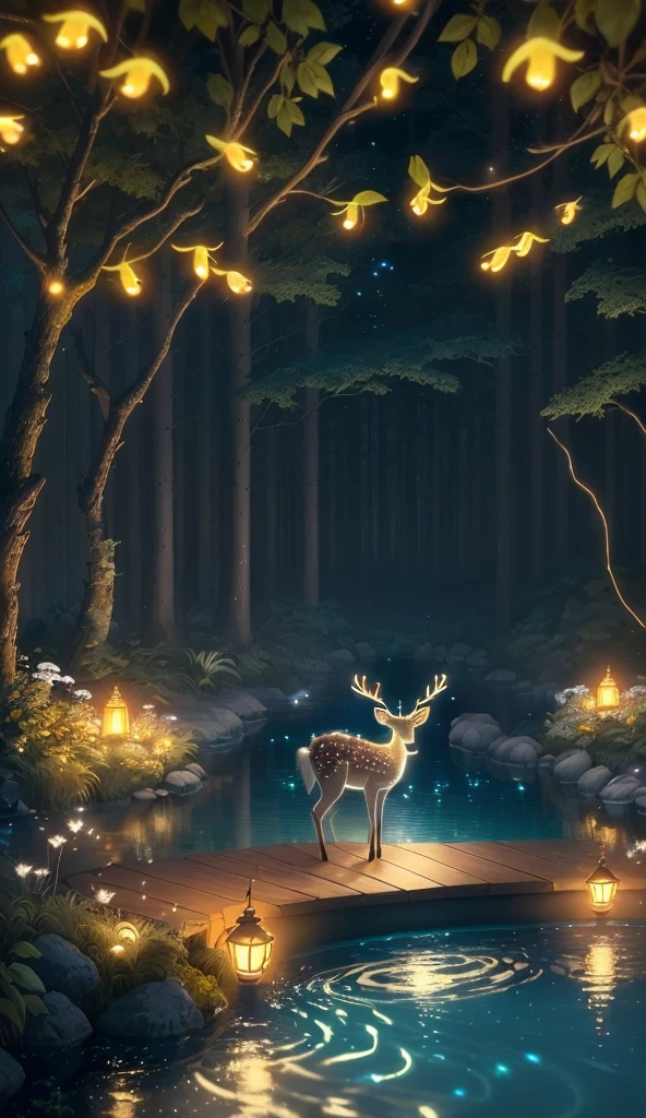 Masterpiece, best quality, (very detailed CG unity 8k wallpaper), (best quality), (best illustration), (best shadows), glow sprite, with a glowing deer, in the swimming pool Drinking water, natural elements in the forest theme. Mysterious forest, beautiful forest, nature, surrounded by flowers, delicate leaves and branches surrounded by fireflies (natural elements), (jungle theme), (leaves), (twigs), (fireflies), (particle effects) etc. 3D , Octane rendering, ray tracing, super detailed