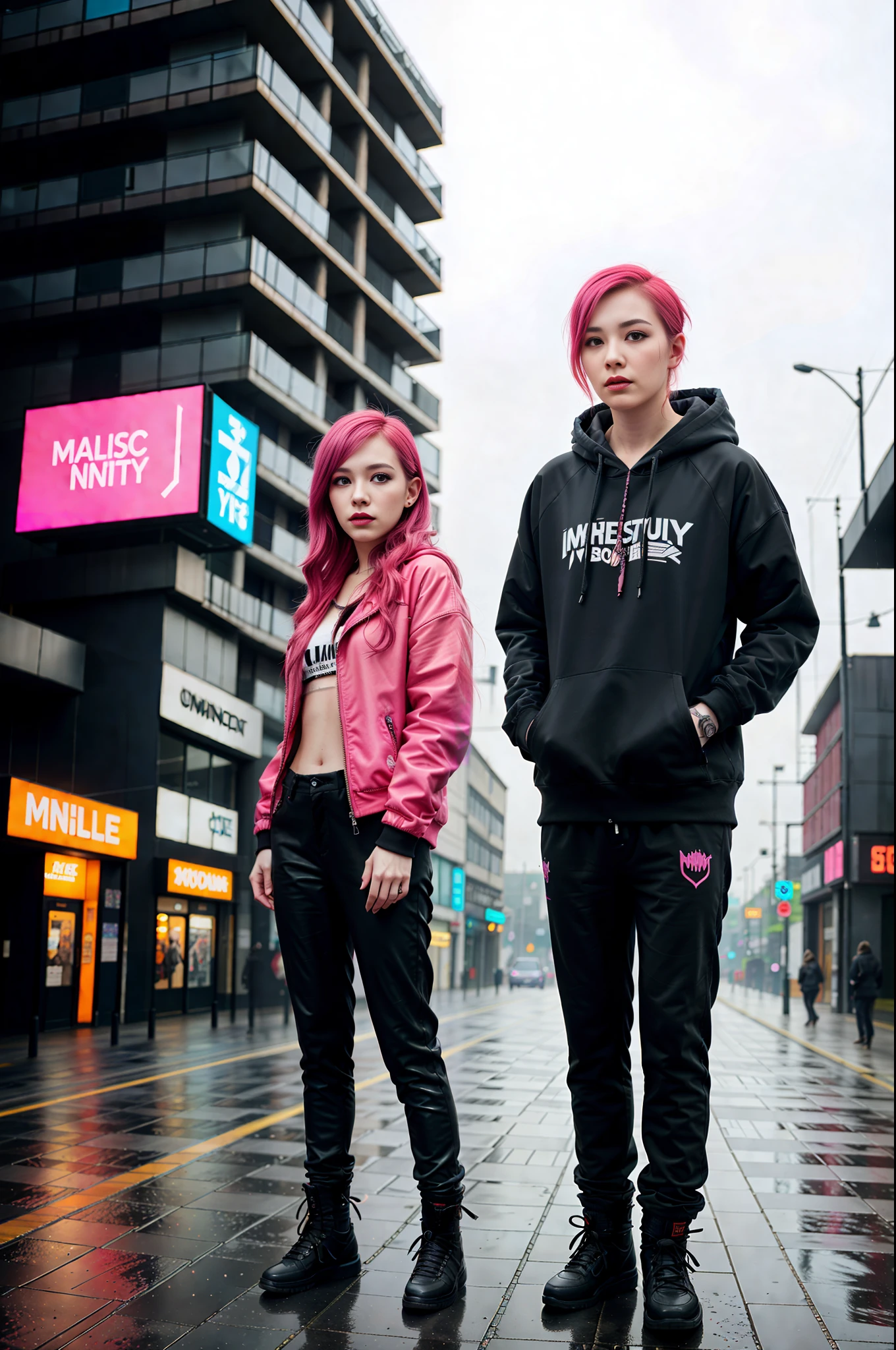 best quality, masterpiece, cinematic, realistic, cyberpunk, cyberpunk city, neon, volumetric lighting, black sky, (raining, thunderstorm), 1girl, (cyberpunk clothing, hoodie, pants, punk clothes), (pink hair), (undercut hair), water reflecting off ground,