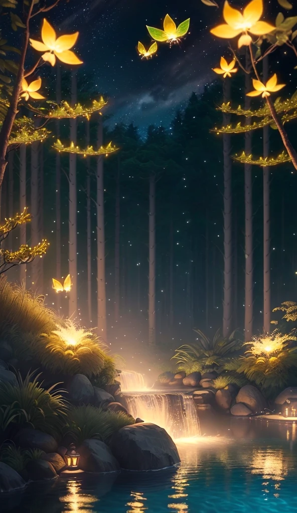 Masterpiece, best quality, (very detailed CG unity 8k wallpaper), (best quality), (best illustration), (best shadows), glow sprite, with a glowing deer, in the swimming pool Drinking water, natural elements in the forest theme. Mysterious forest, beautiful forest, nature, surrounded by flowers, delicate leaves and branches surrounded by fireflies (natural elements), (jungle theme), (leaves), (twigs), (fireflies), (particle effects) etc. 3D , Octane rendering, ray tracing, super detailed