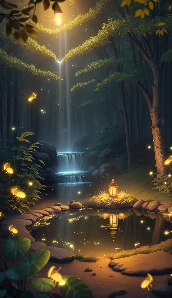 Masterpiece, best quality, (very detailed CG unity 8k wallpaper), (best quality), (best illustration), (best shadows), glow sprite, with a glowing deer, in the swimming pool Drinking water, natural elements in the forest theme. Mysterious forest, beautiful forest, nature, surrounded by flowers, delicate leaves and branches surrounded by fireflies (natural elements), (jungle theme), (leaves), (twigs), (fireflies), (particle effects) etc. 3D , Octane rendering, ray tracing, super detailed