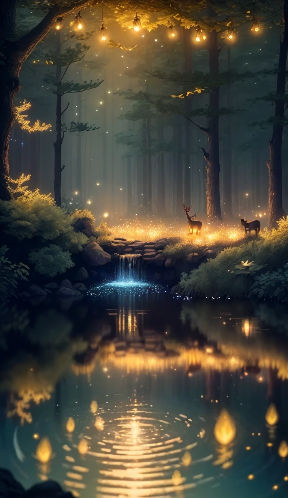 Masterpiece, best quality, (very detailed CG unity 8k wallpaper), (best quality), (best illustration), (best shadows), glow sprite, with a glowing deer, in the swimming pool Drinking water, natural elements in the forest theme. Mysterious forest, beautiful forest, nature, surrounded by flowers, delicate leaves and branches surrounded by fireflies (natural elements), (jungle theme), (leaves), (twigs), (fireflies), (particle effects) etc. 3D , Octane rendering, ray tracing, super detailed