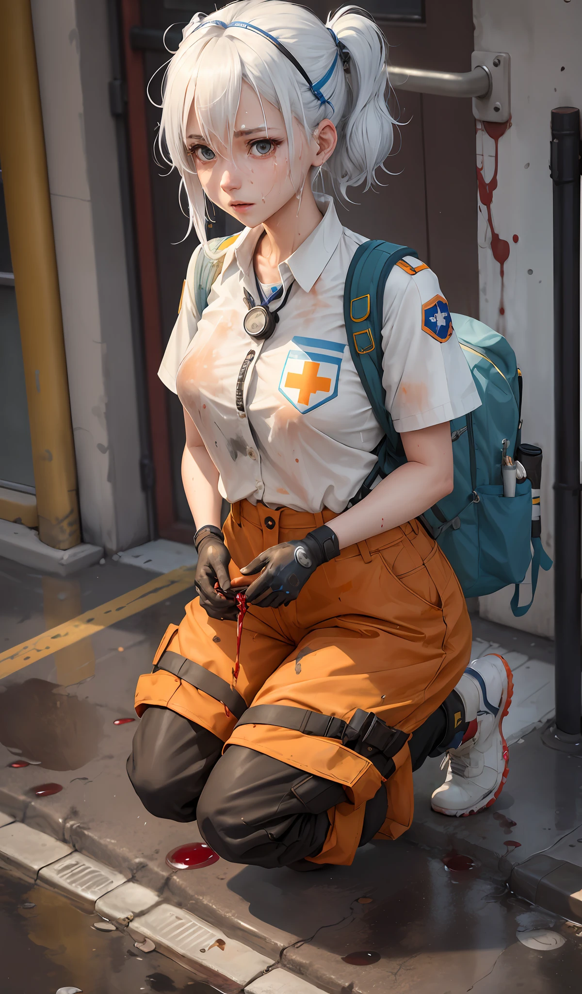 4k, realistic, carismatic, girl on street, she is a paramedic, baggy pants, white hair, cute hair, 25 years old, full body, wearing boots, wearing a stethoscope on neck, blue medical gloves, red emergency backpack, anime, solo, kneeling down, medical emergency, orange uniform, sweating, blood splattered