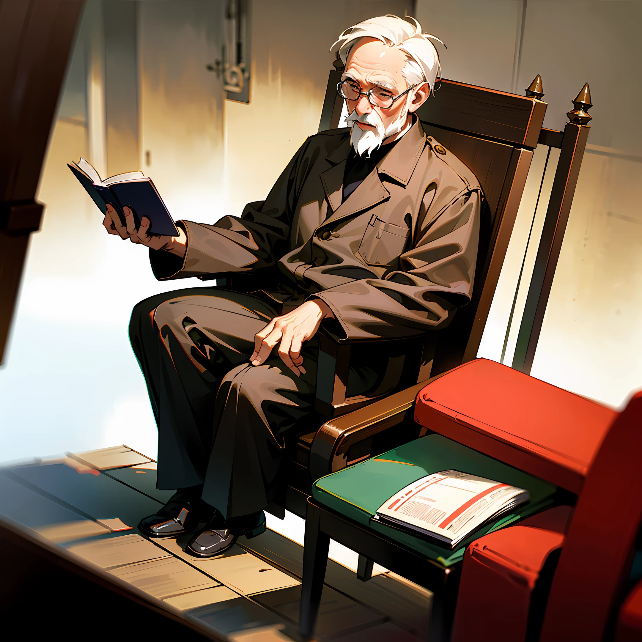 An old man is sitting on a chair and reading a book. The words "People's Daily" are written on the cover of the book to highlight the desolate atmosphere