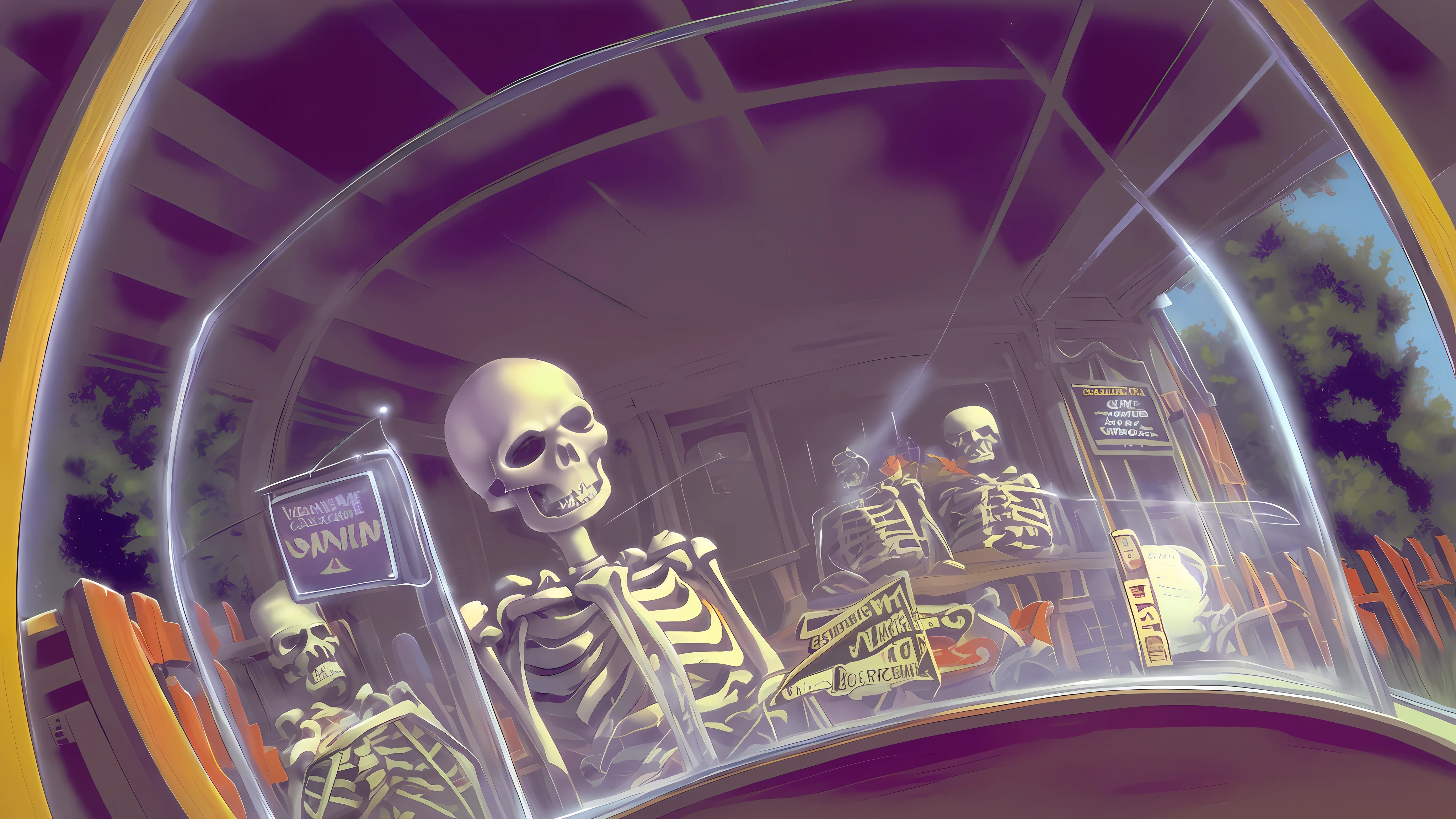 POV of you,skeleton sitting in a ticket booth glass from an amusement park,with a skeleton handing you a ticket about to enter the amusement park,(((goosebumps art by tim jacobus)))