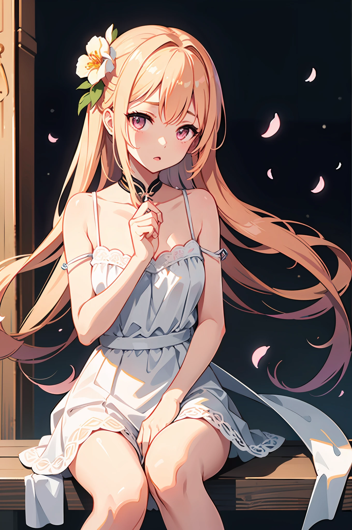 Beautiful anime girl, gentle and beautiful Chinese woman, half-length photo, delicate and sexy collarbone, charming oval face, double eyelids, vivid peach blossom eyes, pink lips, small nose, bare shoulders, focused face, close-up face , ultra-high-definition, ultra-detailed and elegantly positioned, the Lamra" dress is cut from pale yellow lace woven with a delicate floral pattern and has a V-neck secured by thin straps and a sweet tiered mini skirt that swings with every step