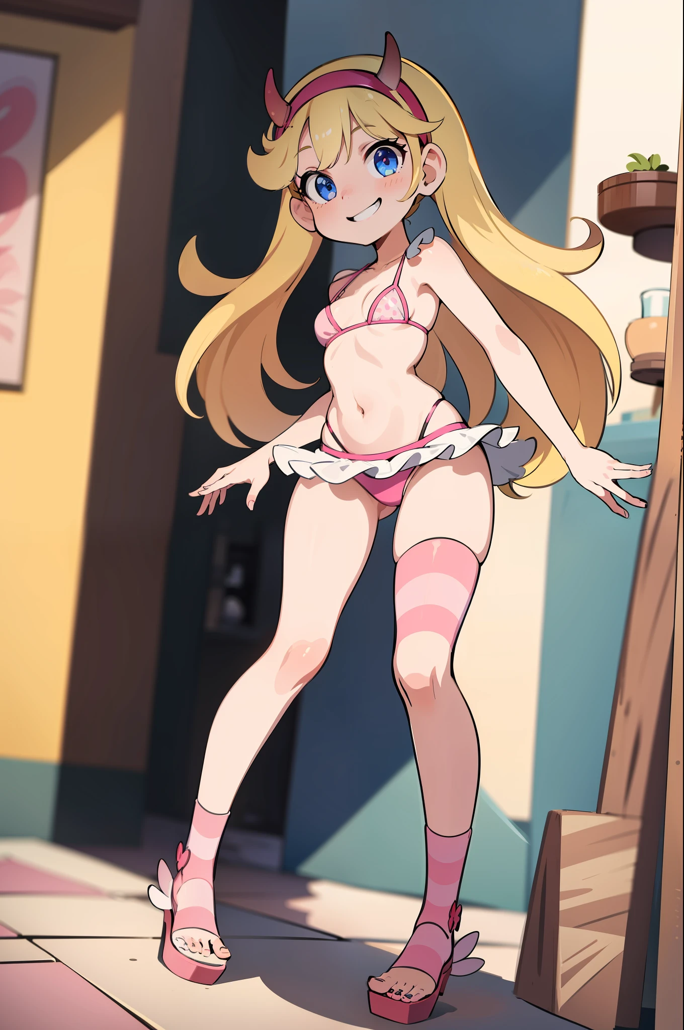 (masterpiece, best quality, high resolution: 1.4), 1girl, woman, star butterfly, horn headband, smile, looking at viewer, pink bikini, micro bikini